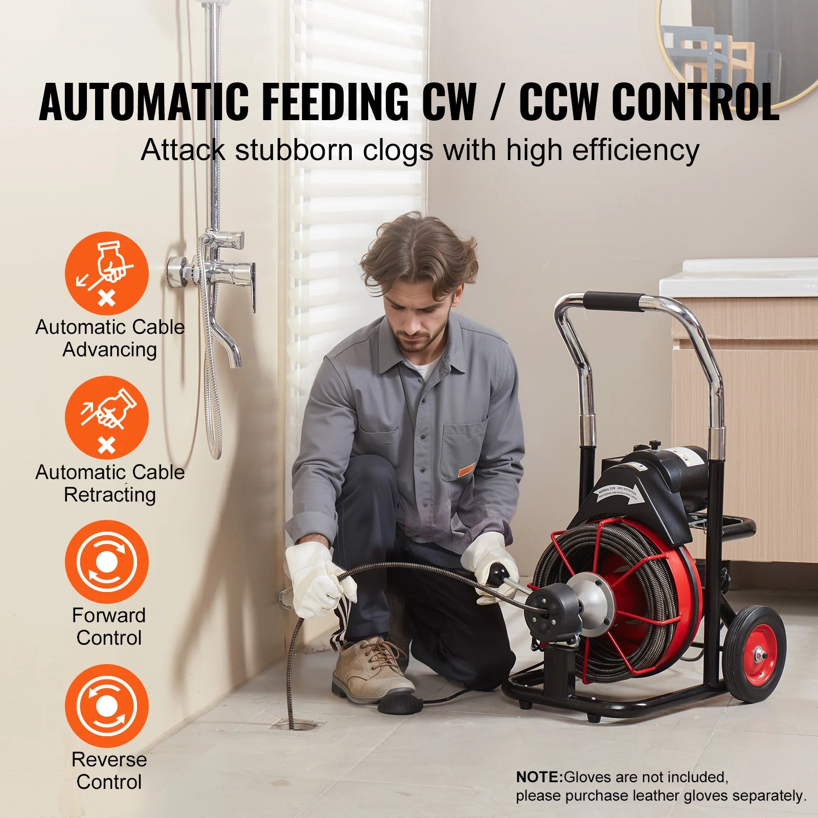 SucceBuy Macchina per la pulizia degli scarichi 100FT Alimentazione automatica Fogna Serpente Coclea con ruote 550W/370W Macchina per la pulizia degli scarichi portatile per tubi