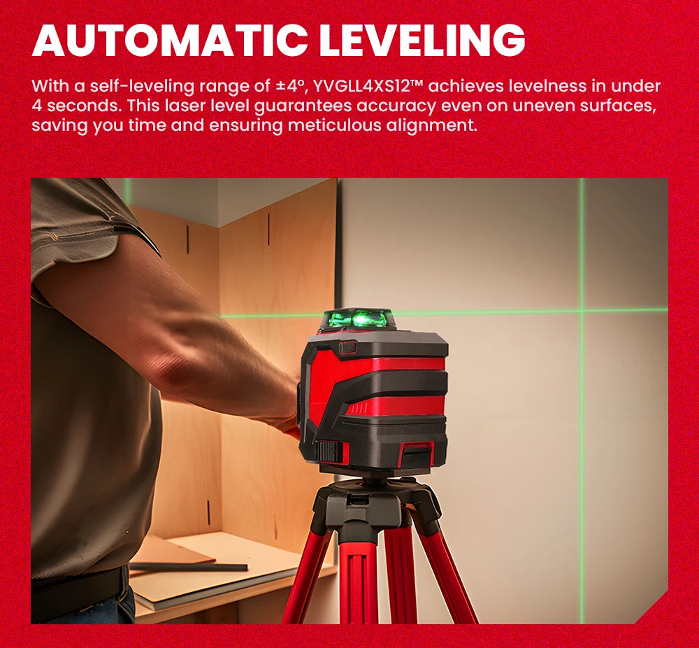 YEVOLT YVGLL4XS12 Livello laser Raggio verde a 12 linee Precisione ±0,2 mm/m, resistenza alla polvere/acqua IP54, livellamento automatico e modalità pendenza