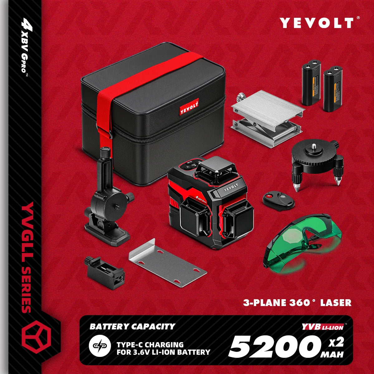YEVOLT YVGLL4XS12 Livello laser Raggio verde a 12 linee Precisione ±0,2 mm/m, resistenza alla polvere/acqua IP54, livellamento automatico e modalità pendenza