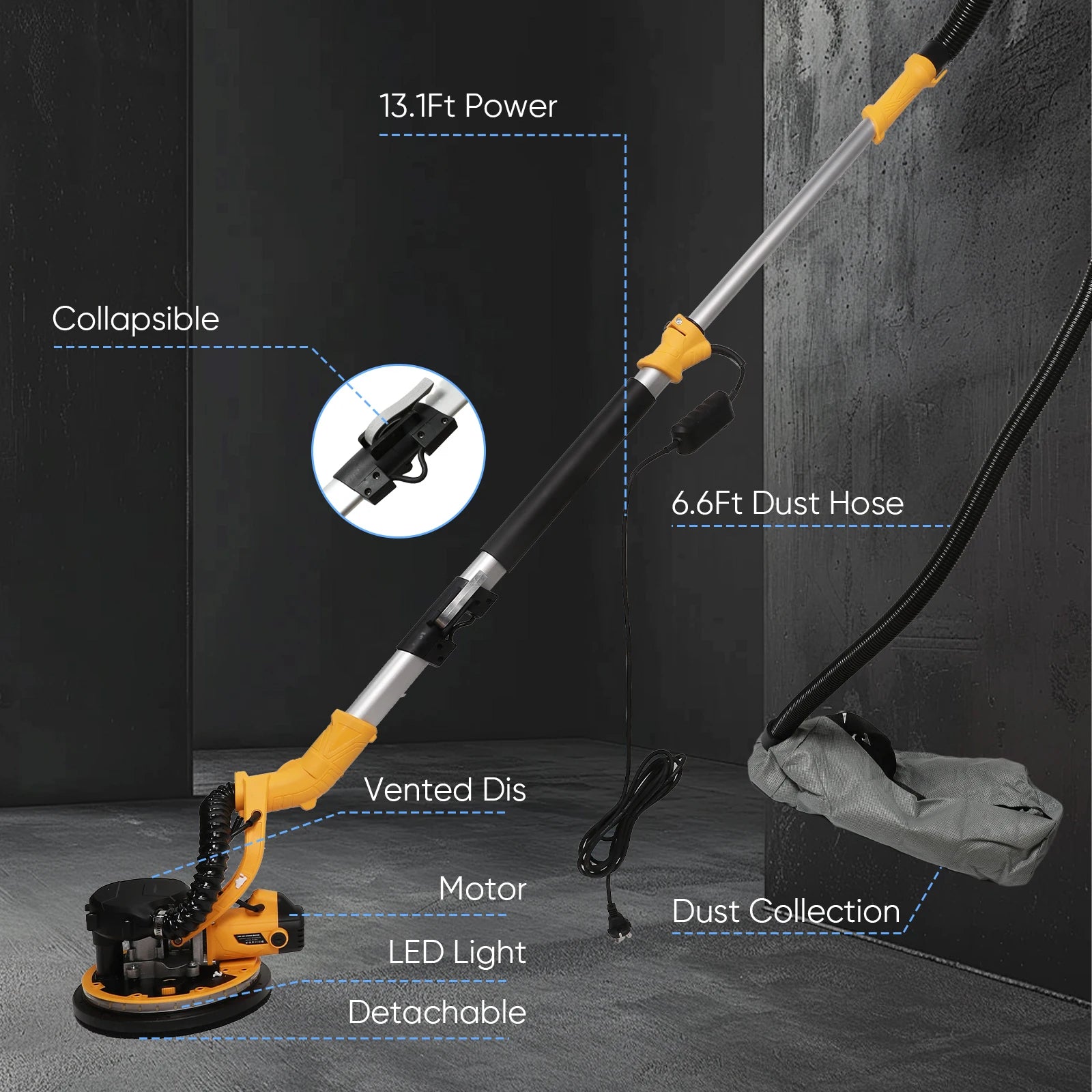 Levigatrice elettrica per cartongesso 1390W Rettificatrice per muro a 6 velocità Stucco senza polvere Auto-vuoto LED Asta lunga Lucidatrice per carta vetrata