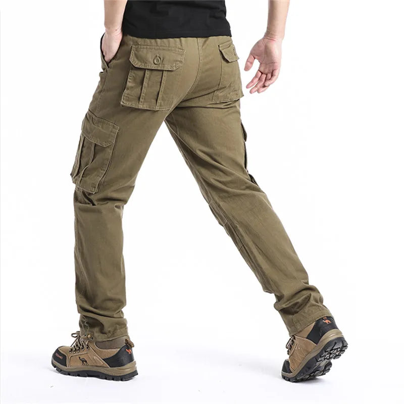 Salopette ampia con tasche grandi Pantaloni tattici da jogging per sport all'aria aperta da uomo Pantaloni da lavoro casual in puro cotone elastico in vita