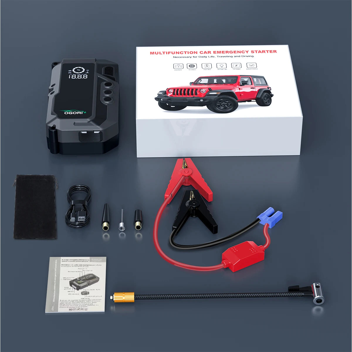 Avviatore di emergenza per auto 4 in 1 7500A con compressore d'aria Pack Booster 12V Power Bank QC 3.0 con torcia Avvia fino a tutti i gas