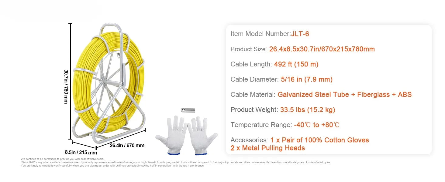 SucceBuy Nastro per pesci in fibra di vetro 425/492/600/656 piedi Condotto Rodder Fishtape Estrattore di filo Strumenti da pesca per pareti e condotti elettrici