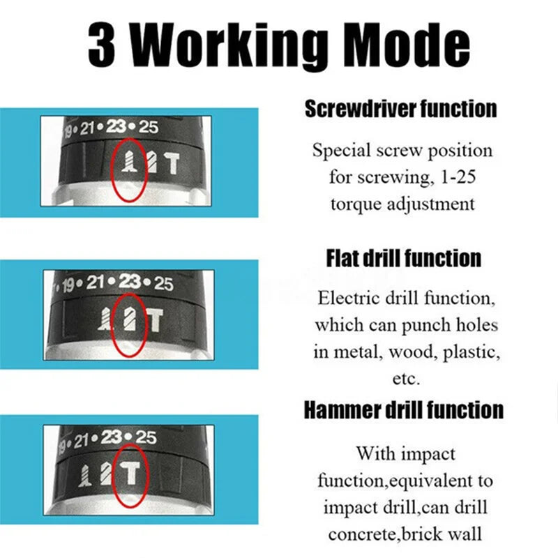 Gisha Cacciavite a percussione a batteria Trapano a batteria multifunzionale Utensile elettrico 25 + 3 Impostazione di coppia Cacciavite elettrico a 2 velocità di marcia