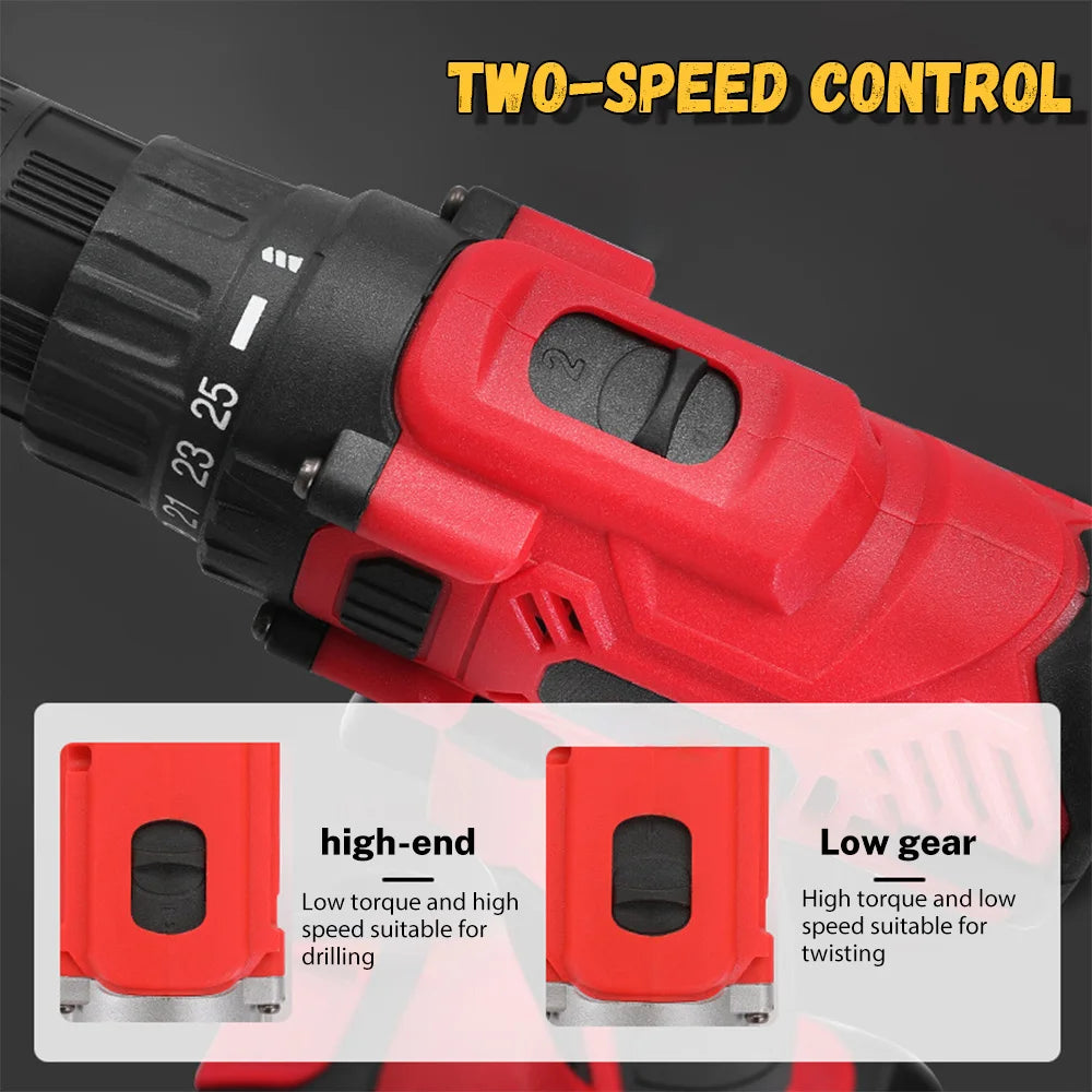 Trapano elettrico 21V 200Nm a batteria, kit trapano combinato a 2 batterie, 25+1 coppia Cacciavite elettrico con mandrino da 3/8" per legno e metallo