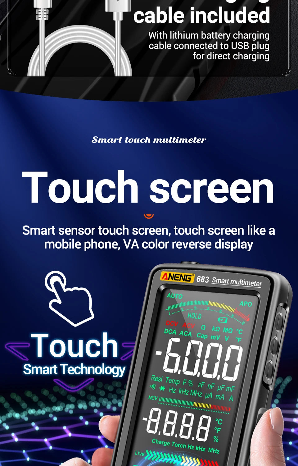ANENG 683 6000 Conteggi Smart Touch Screen Multimetro Amperometro Ricaricabile AC/DC Tensione Corrente Tester NCV Diodo Elettricista Strumento