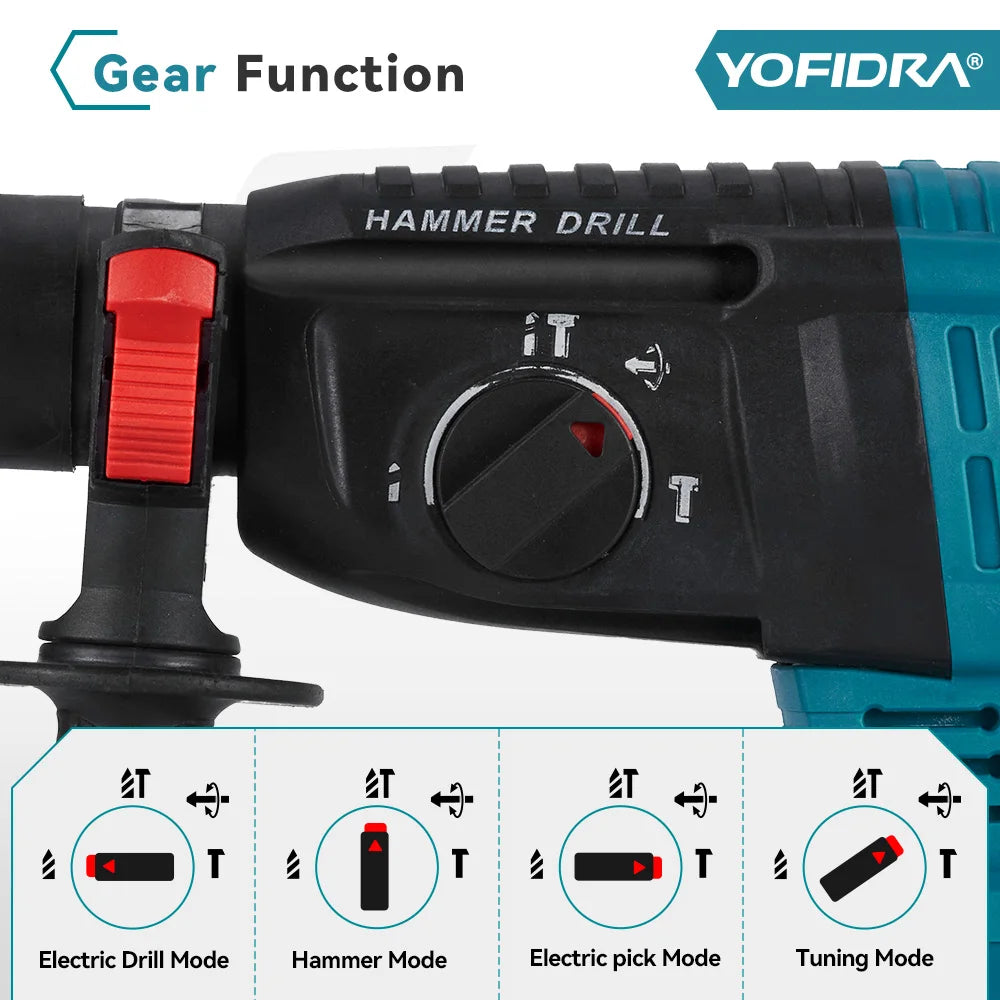 YOFIDRA 26mm Martello rotante elettrico senza spazzole Cordless Multifunzionale Trapano a percussione Utensili elettrici per Makita Batteria Pin