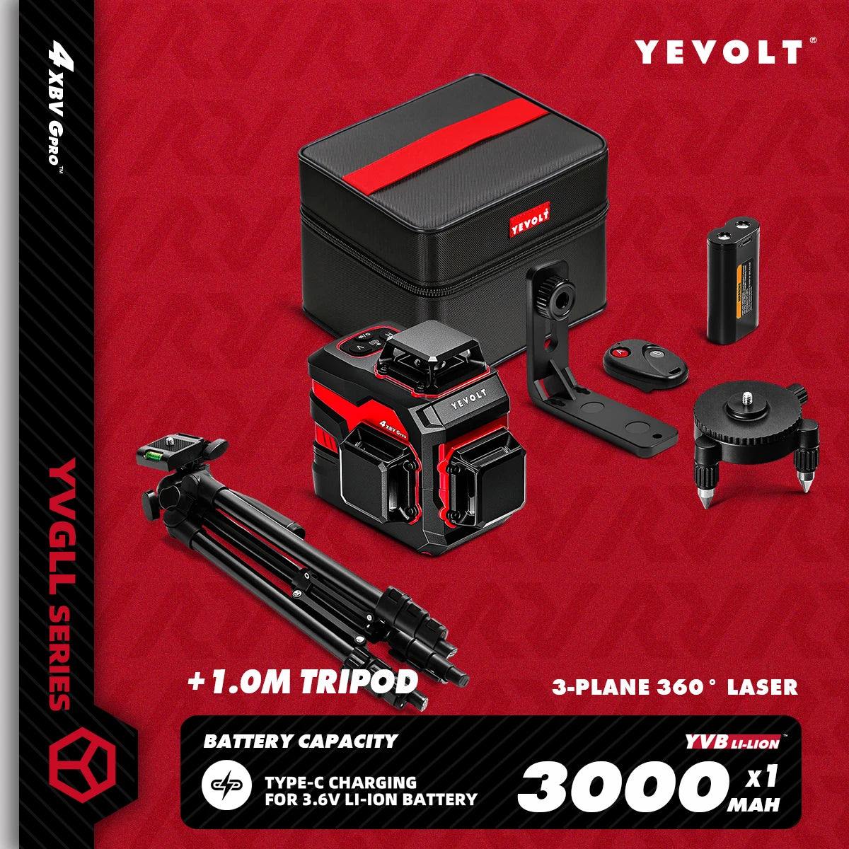 YEVOLT YVGLL4XS12 Livello laser Raggio verde a 12 linee Precisione ±0,2 mm/m, resistenza alla polvere/acqua IP54, livellamento automatico e modalità pendenza