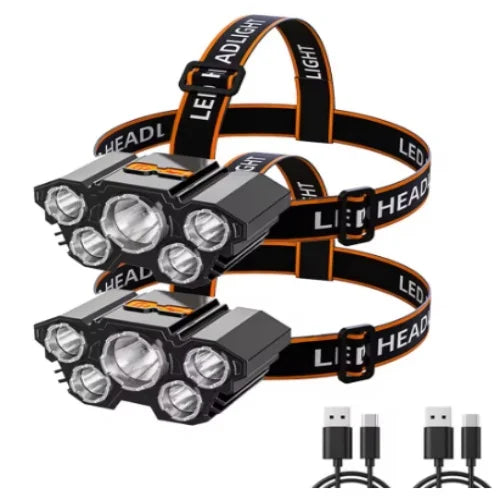 Faro a 5 LED ad alta potenza Batteria incorporata Torcia ricaricabile USB ultra luminosa montata sulla testa per illuminazione da campeggio esterna