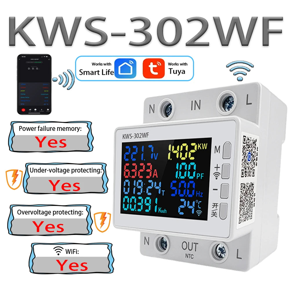 63A Tuya WIFI Smart Life Misuratore di tensione AC170-270V Wattmetro di corrente Misuratore di consumo di elettricità KWH Misuratore di energia di potenza