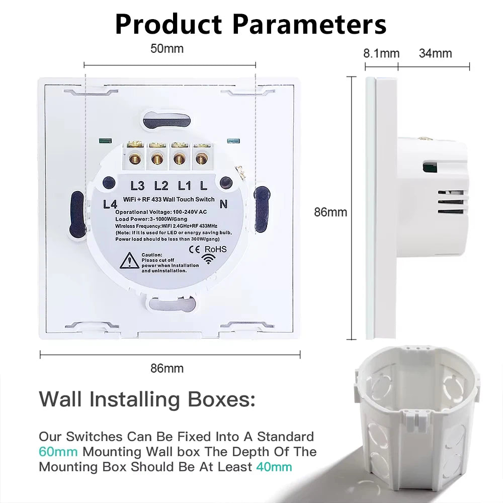 TNCE Tuya Switch WIFI RF US/EU, 1/2/3/4 Gang No/Con cavo neutro Controller luce LED da parete, Vita intelligente, Voce Alexa Google Home