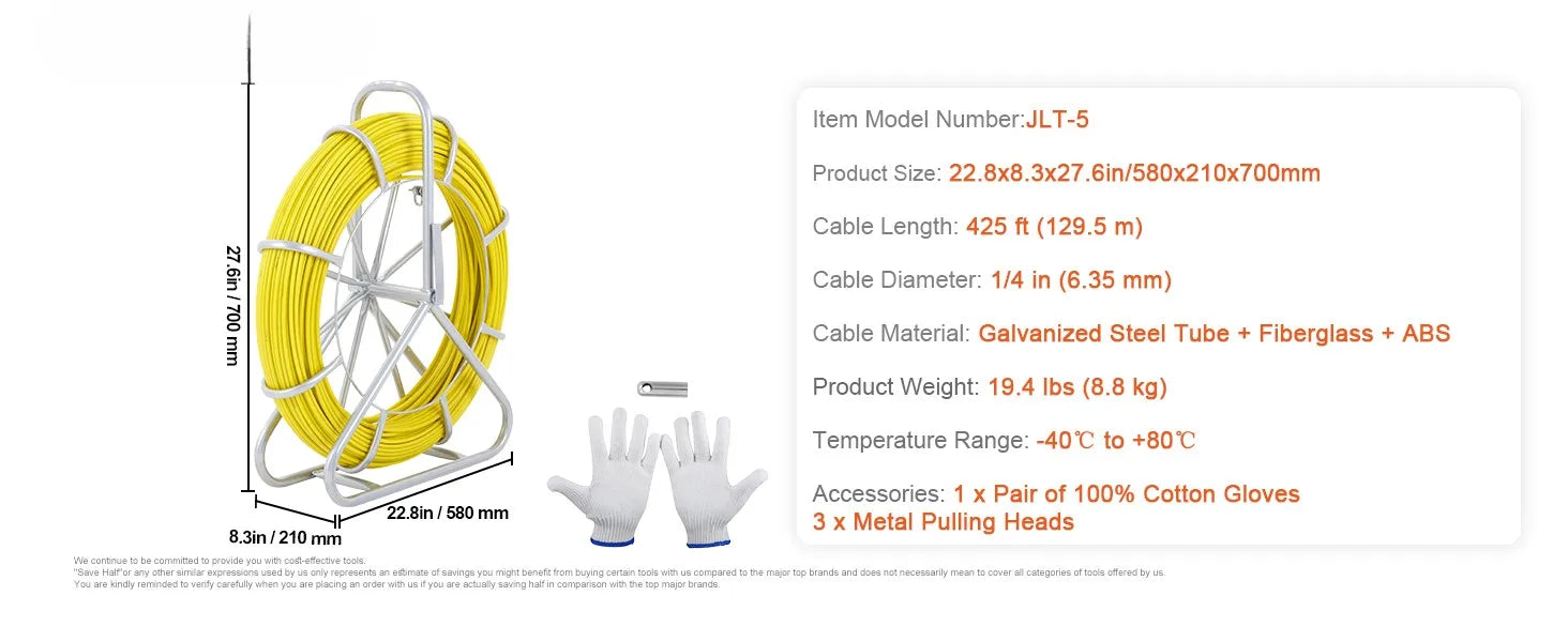 SucceBuy Nastro per pesci in fibra di vetro 425/492/600/656 piedi Condotto Rodder Fishtape Estrattore di filo Strumenti da pesca per pareti e condotti elettrici