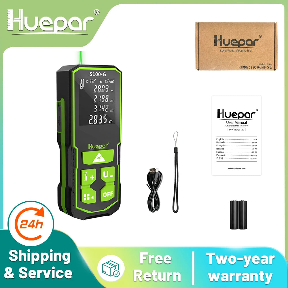 Huepar S60-G Misuratore di distanza laser verde digitale Telemetro a nastro laser da 60 M con strumenti di misurazione del sensore angolare LCD