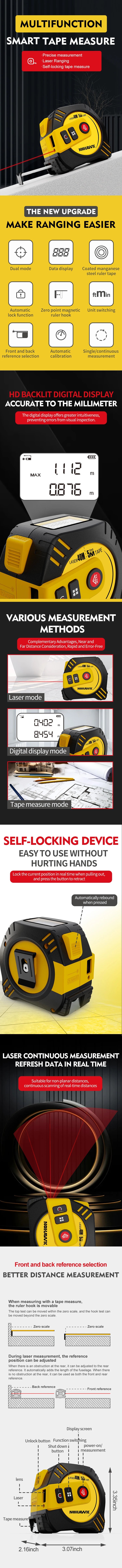 Nohawk 40m/80m Metro a nastro laser Misura a nastro Strumento di misurazione Misuratore di distanza laser Misura a nastro in acciaio USB ricaricabile