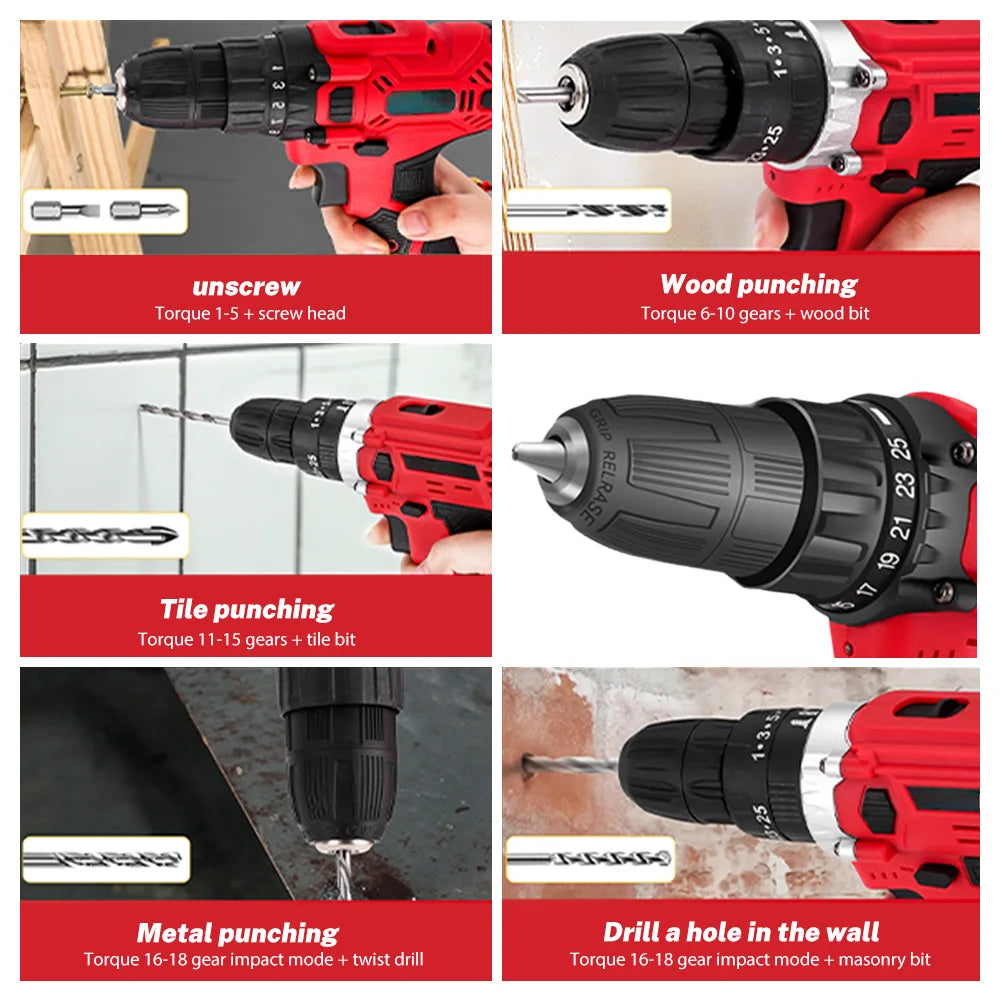 Trapano elettrico 21V 200Nm a batteria, kit trapano combinato a 2 batterie, 25+1 coppia Cacciavite elettrico con mandrino da 3/8" per legno e metallo