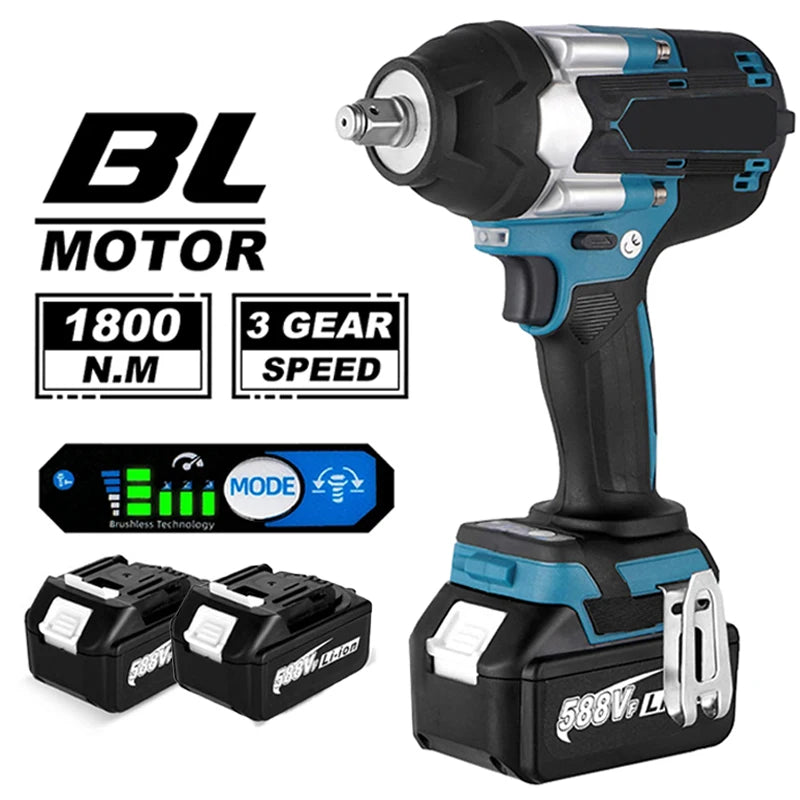 Chiave a percussione elettrica senza spazzole di coppia 1800N.M Batteria agli ioni di litio da 1/2 pollici Chiave a batteria Utensili elettrici per batteria Makita 18V