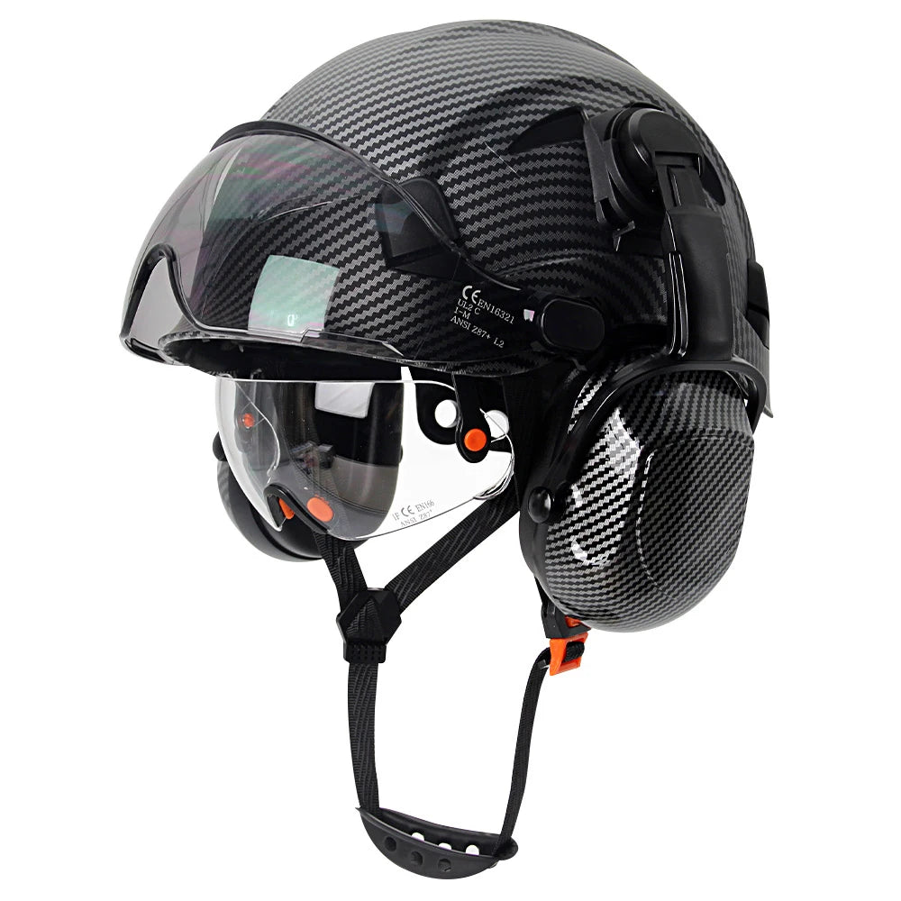 Casco di sicurezza CE in fibra di carbonio con paraorecchie Doppi occhiali Elmetto da costruzione in ABS per ingegnere Berretto da lavoro di alta qualità ANSI