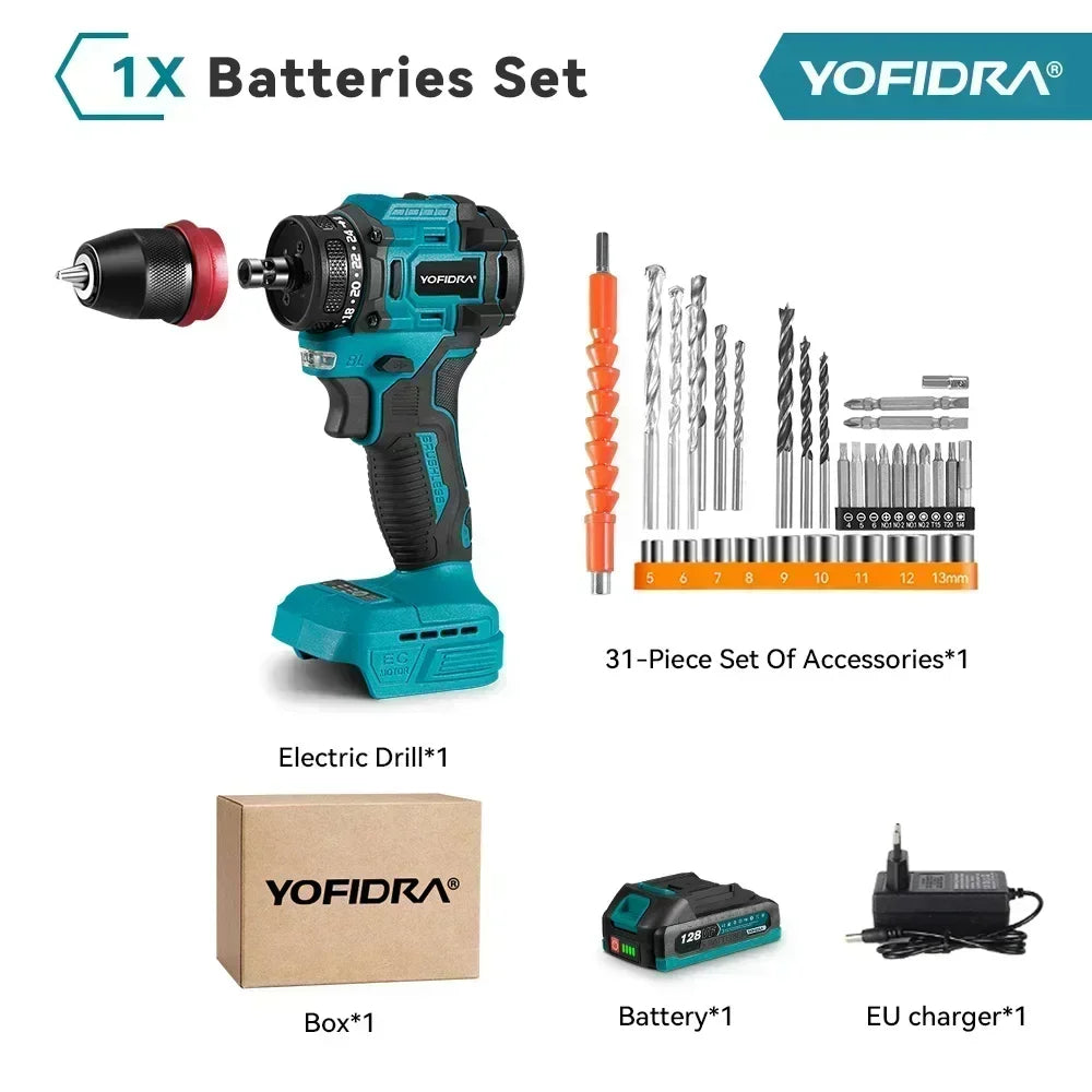 YOFIDRA 2 in1 Cacciavite elettrico senza spazzole Martello Trapano a batteria Impatto Utensile elettrico multifunzionale per Makita 18V Batteria Pin