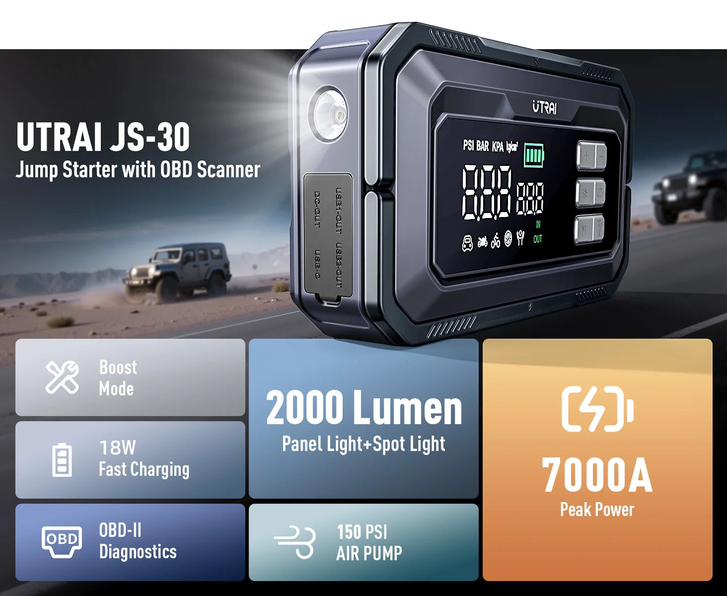 Avviatore di emergenza per auto UTRAI All-in-One 7000A con compressore d'aria, diagnosi OBD e booster di emergenza per batteria per auto Power Bank