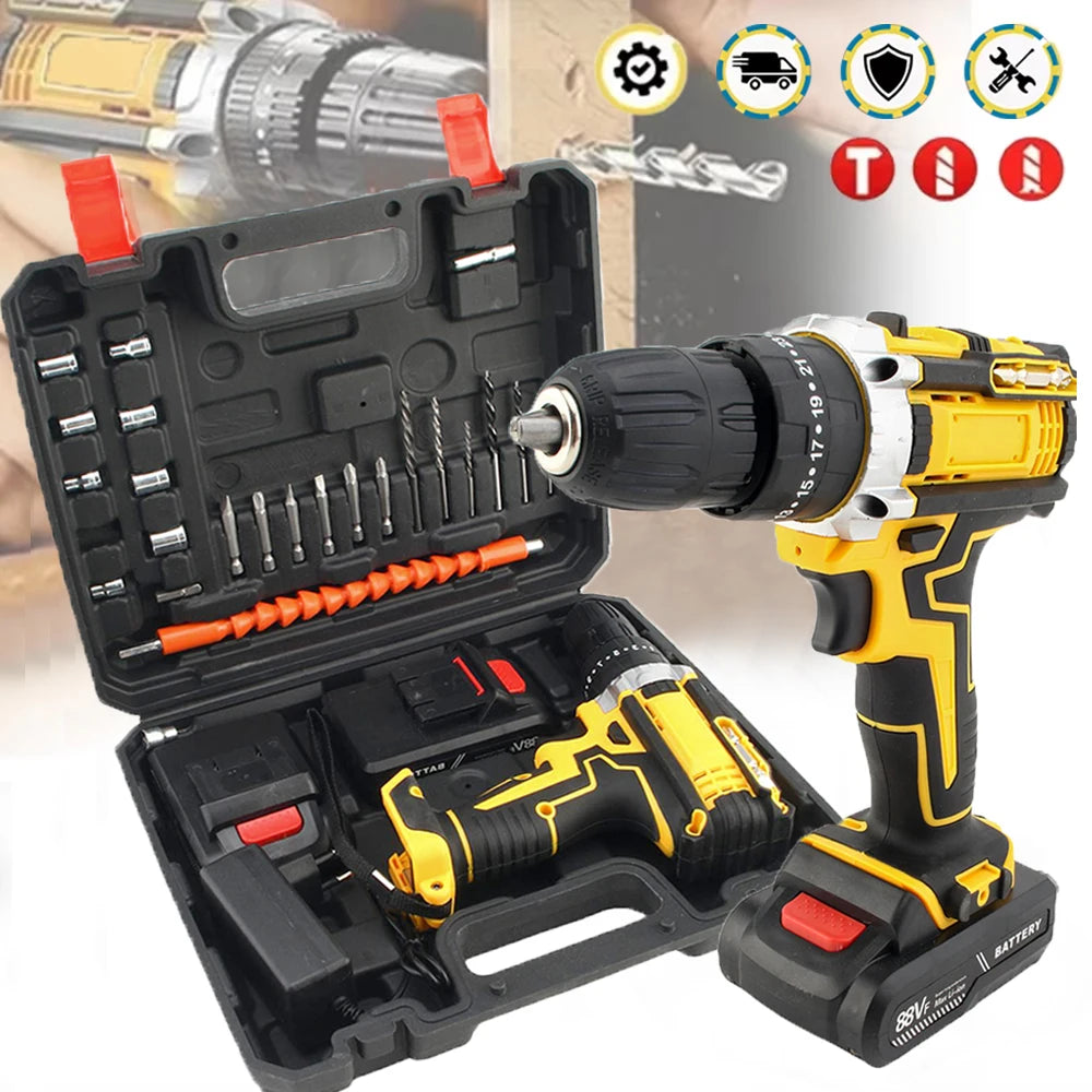 Cacciavite a percussione elettrico con coppia 25 + 3 Impostazione multifunzionale Cacciavite elettrico con trapano a batteria a 2 velocità con 2 batterie