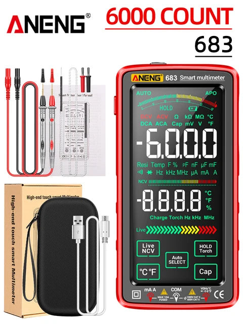 ANENG 683 6000 Conteggi Smart Touch Screen Multimetro Amperometro Ricaricabile AC/DC Tensione Corrente Tester NCV Diodo Elettricista Strumento