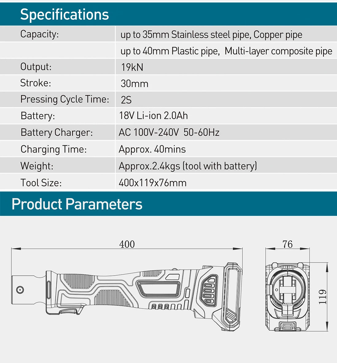ZUPPER MP-1930 Pressa a batteria per sistema meccanico per crimpatura di tubi multistrato Pex in rame, incluso ind opzionale