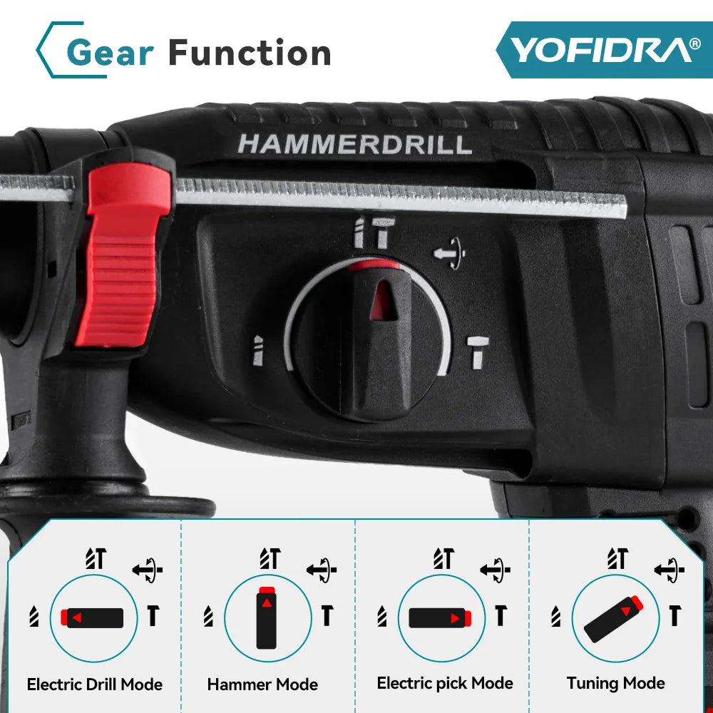 YOFIDRA 1680W Martello elettrico senza spazzole Cordless Multi-funzione Trapano a percussione Utensile rotante per batteria 21V 18V