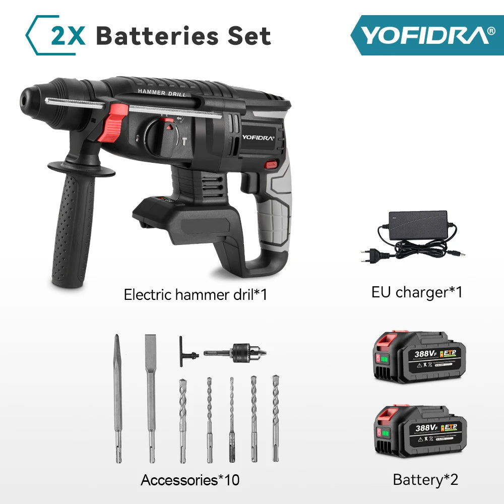 YOFIDRA 1680W Martello elettrico senza spazzole Cordless Multi-funzione Trapano a percussione Utensile rotante per batteria 21V 18V