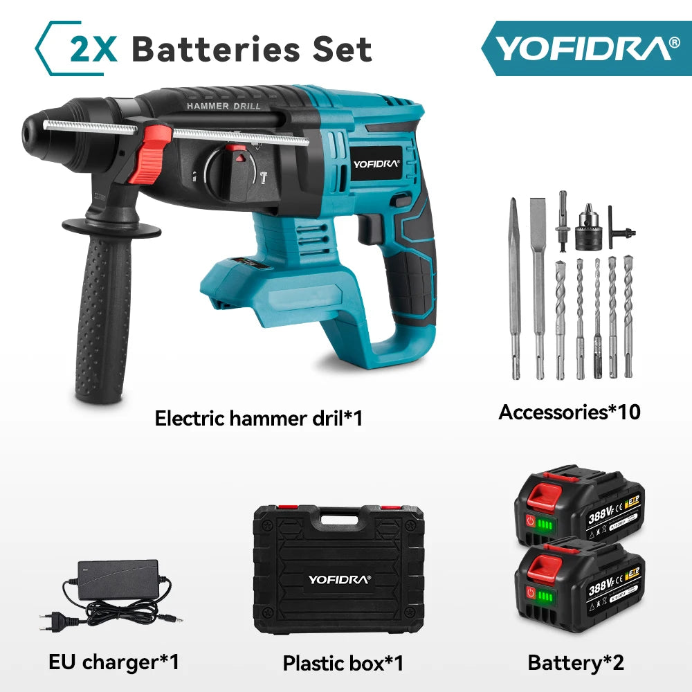 YOFIDRA 26mm Martello rotante elettrico senza spazzole Cordless Multifunzionale Trapano a percussione Utensili elettrici per Makita Batteria Pin