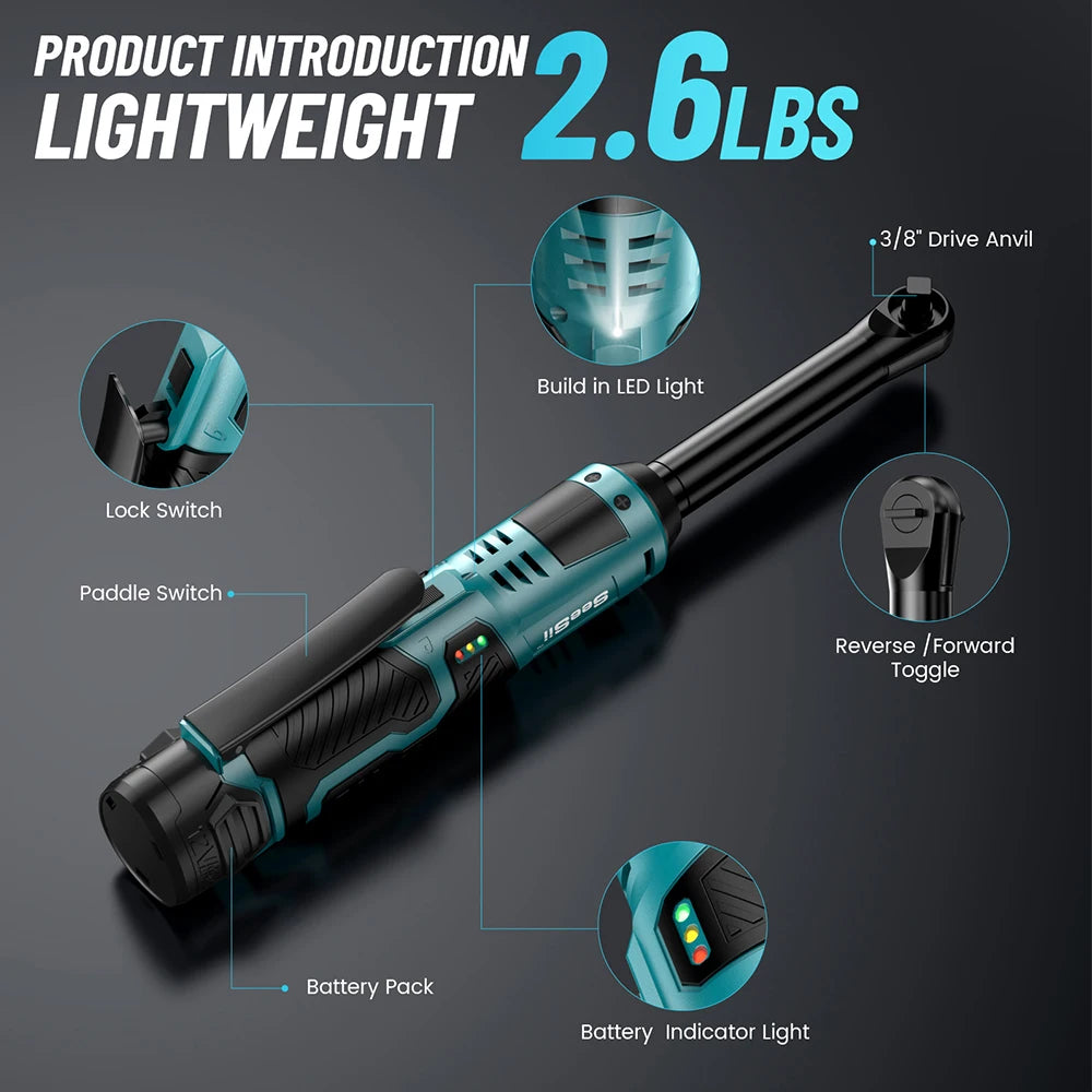 SEESII 6 "Chiave a cricchetto estesa 3/8" Chiave elettrica a batteria 55Nm 12V Chiave angolare ricaricabile Strumenti di riparazione auto con/2 batterie