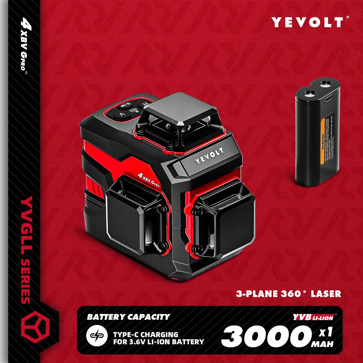 YEVOLT YVGLL4XS12 Livello laser Raggio verde a 12 linee Precisione ±0,2 mm/m, resistenza alla polvere/acqua IP54, livellamento automatico e modalità pendenza