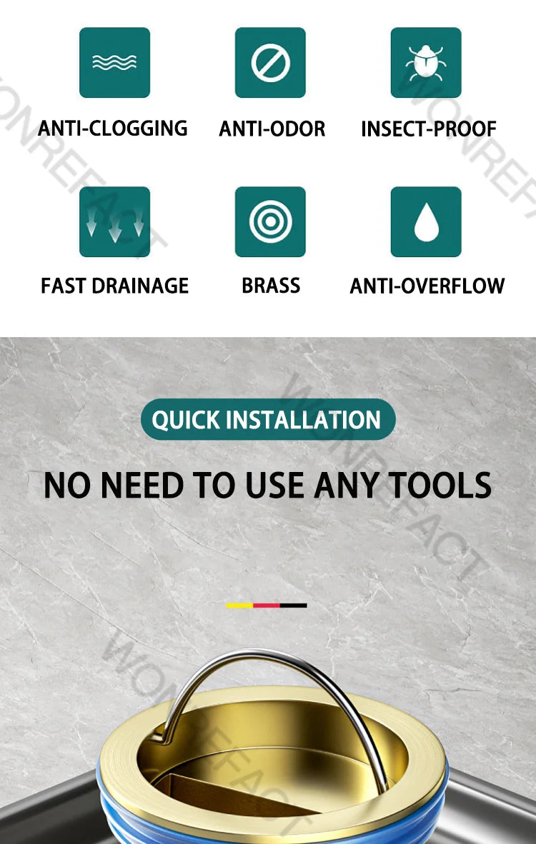 Scarico a pavimento in ottone Cor Anti-odore Anti-insetto Fogna Drenaggio rapido Scarico a pavimento per bagno Nucleo Durevole Installazione rapida Scarico a pavimento
