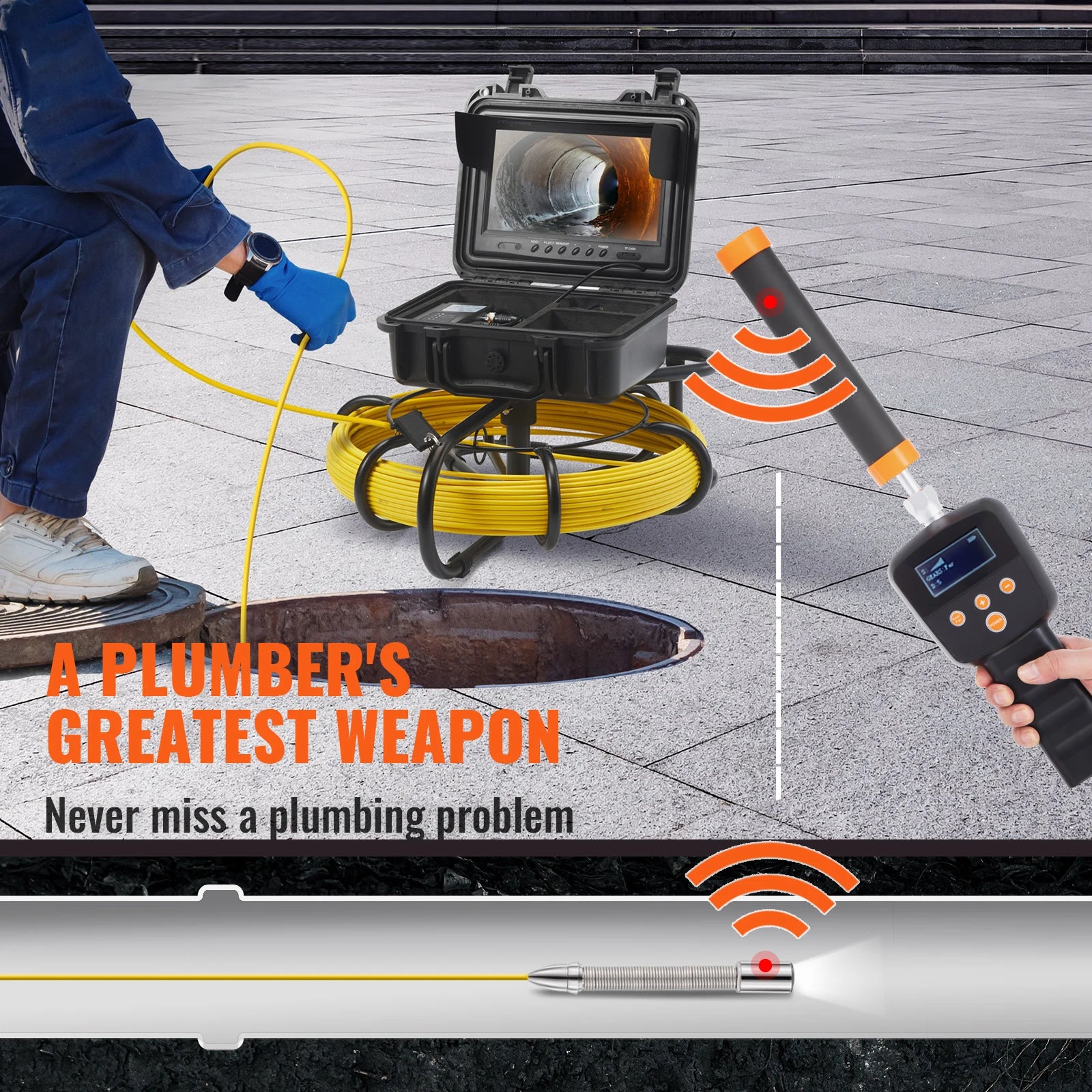 SucceBuy Telecamera per fognature con localizzatore 512 Hz Telecamera per ispezione condutture IP68 da 9" con funzione DVR con 12 LED regolabili e scheda SD da 16 GB