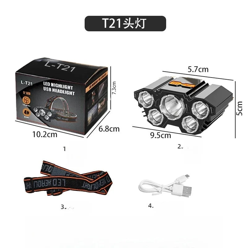 Faro a 5 LED ad alta potenza Batteria incorporata Torcia ricaricabile USB ultra luminosa montata sulla testa per illuminazione da campeggio esterna