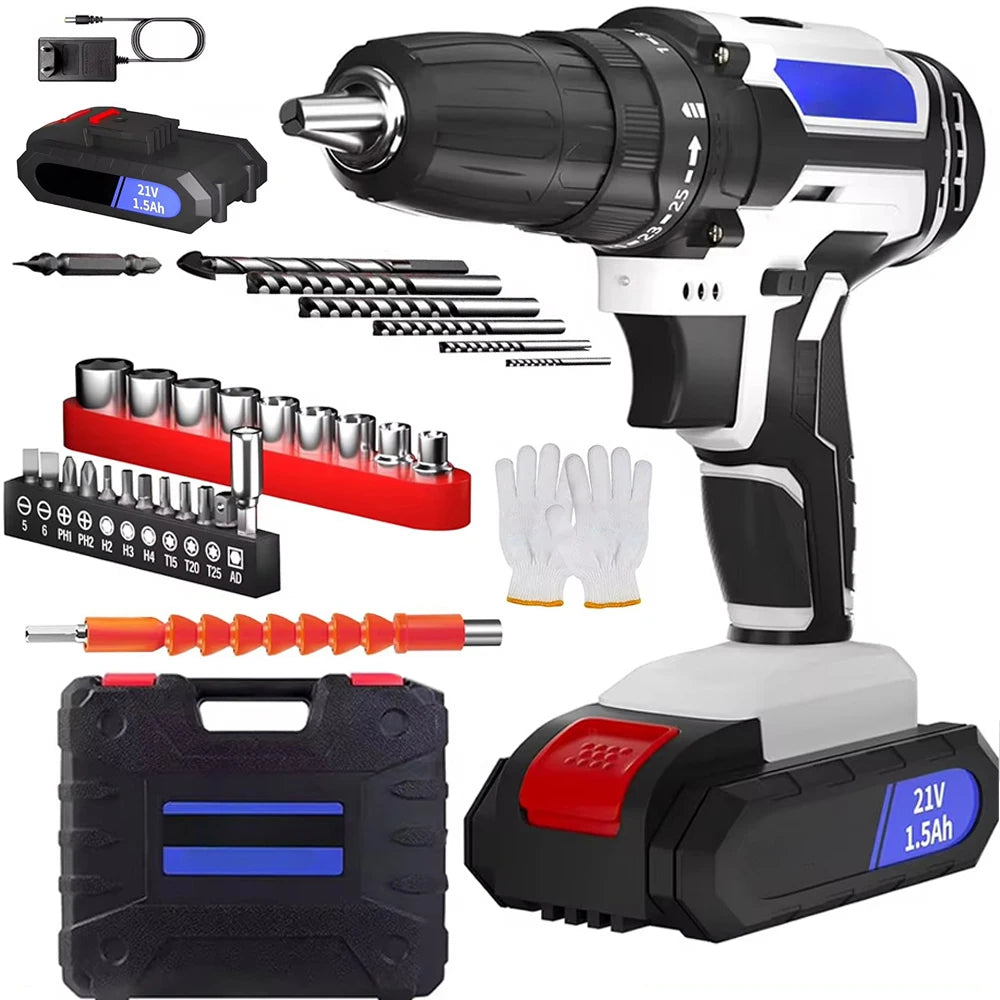 Trapano a percussione a batteria 21V Cacciavite elettrico Trapano a percussione elettrico Mini trapano a mano wireless 1400 giri/min Utensile elettrico multifunzionale