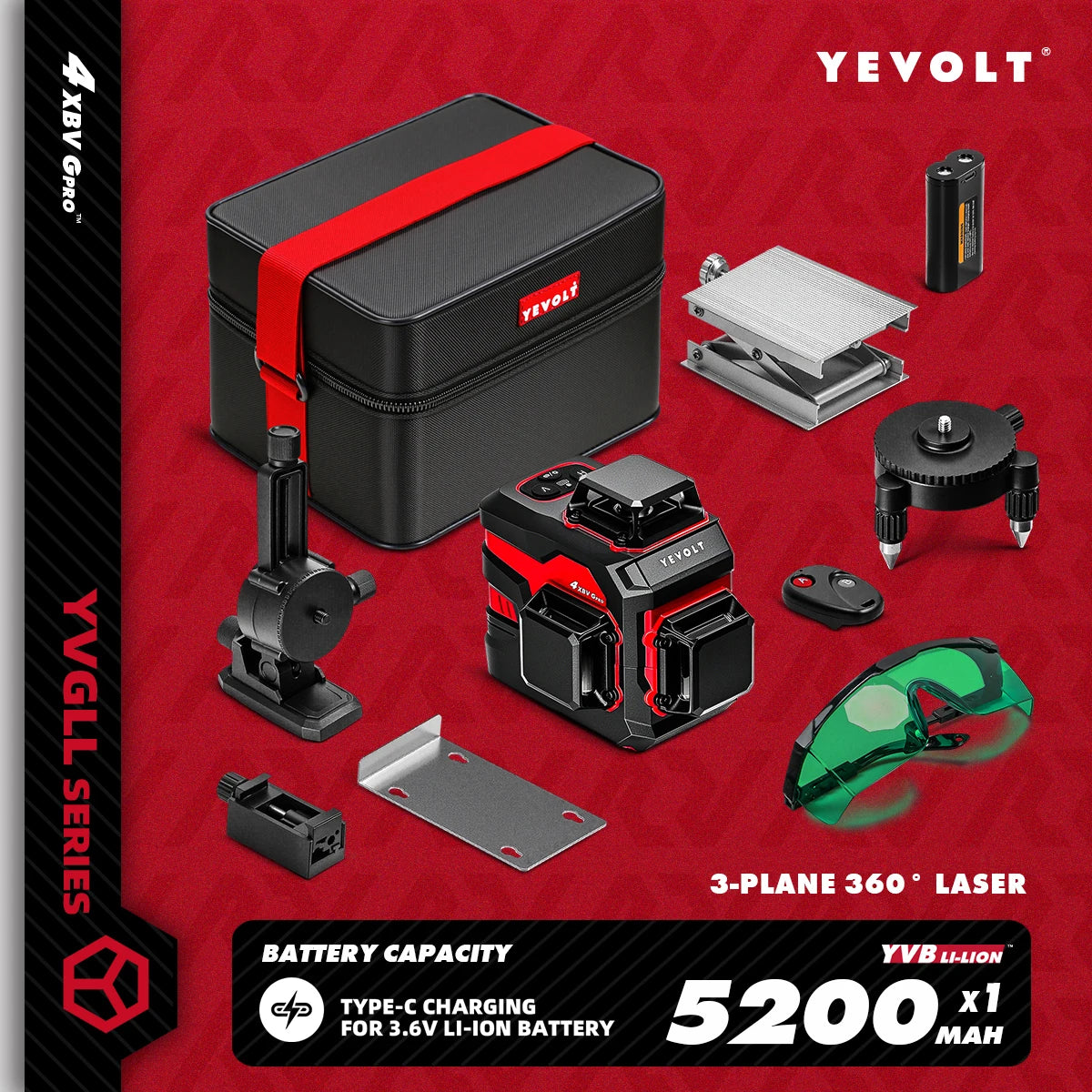 YEVOLT YVGLL4XS12 Livello laser Raggio verde a 12 linee Precisione ±0,2 mm/m, resistenza alla polvere/acqua IP54, livellamento automatico e modalità pendenza