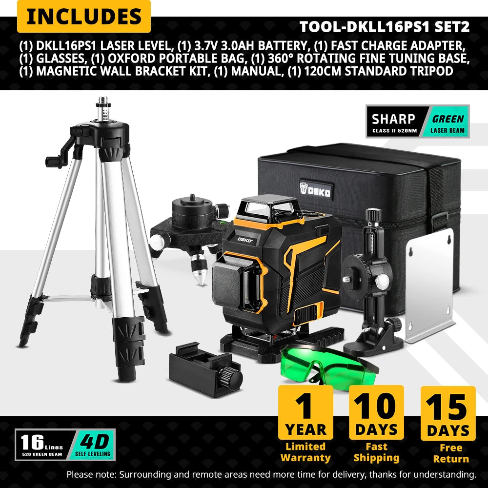 DEKO 4D 16 Linee Livello Laser Autolivellante 360 Linea Trasversale Orizzontale e Verticale Raggio Laser Verde con Treppiede Utensili Elettrici
