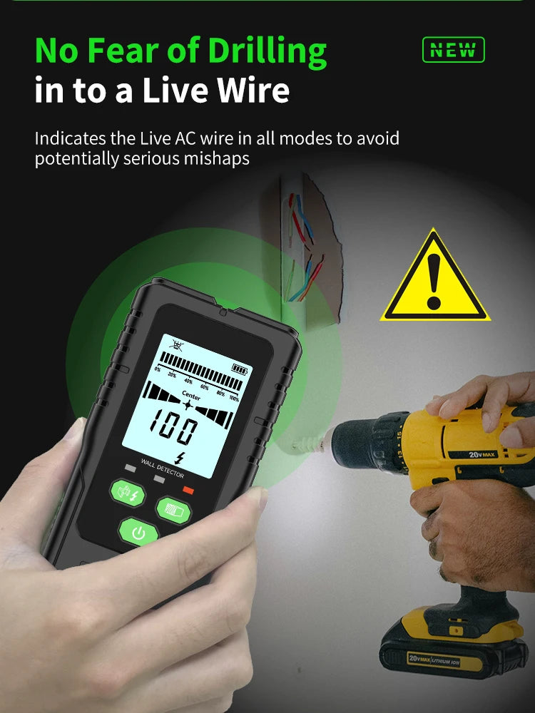 R&D Nuovo cercatore perni Scanner da parete Fili per cavi Localizzatore di profondità Metal Detector da parete Retroilluminato elettronico Cercatore di legno AC nero