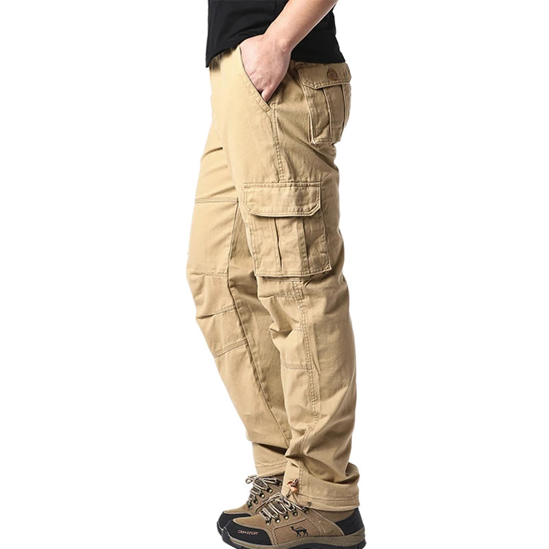 Salopette ampia con tasche grandi Pantaloni tattici da jogging per sport all'aria aperta da uomo Pantaloni da lavoro casual in puro cotone elastico in vita