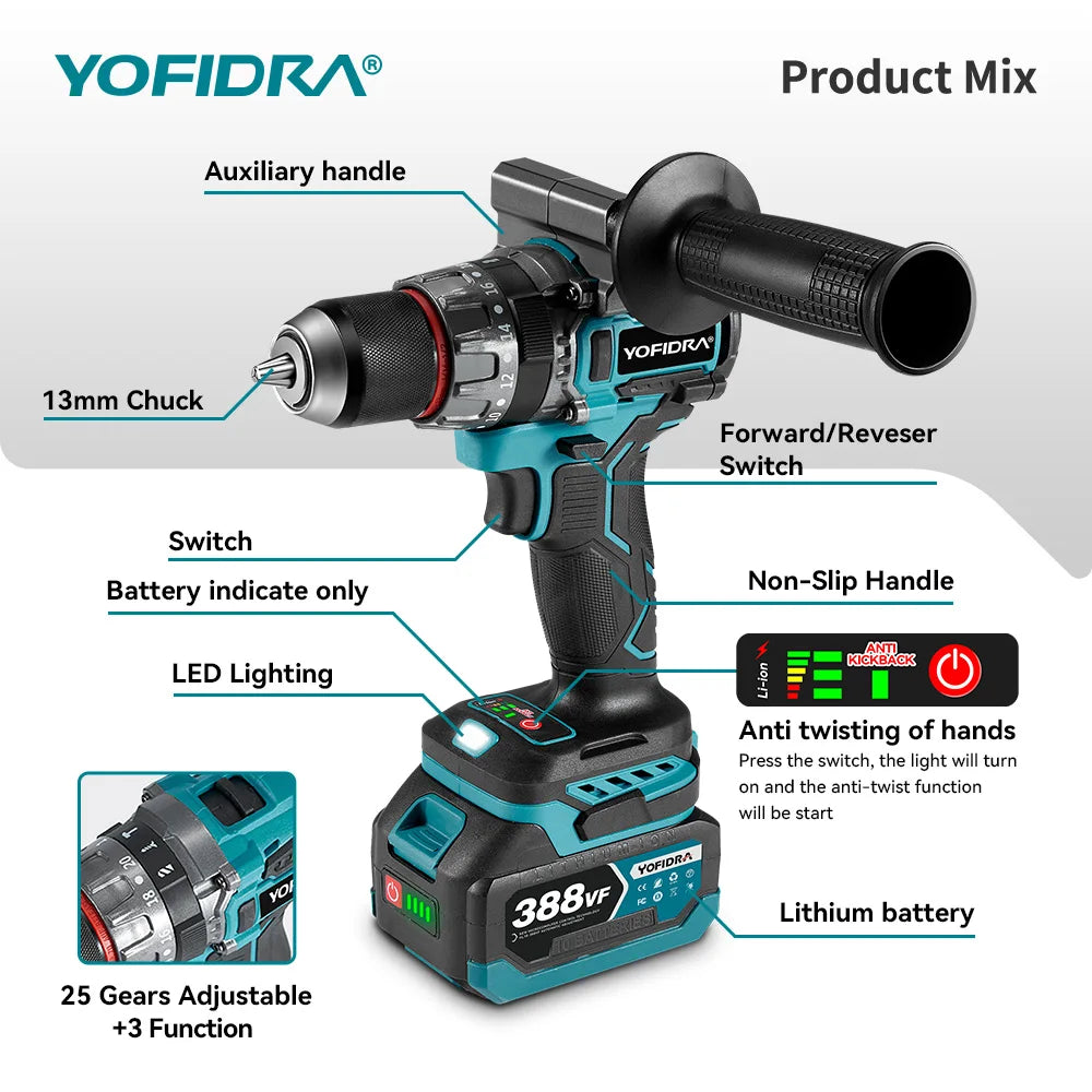 YOFIDRA 700N.M Brushless Trapano a percussione elettrico Cordless Cacciavite Piastre Terreno Lavorazione del legno Strumento elettrico per Makita Batteria Spille