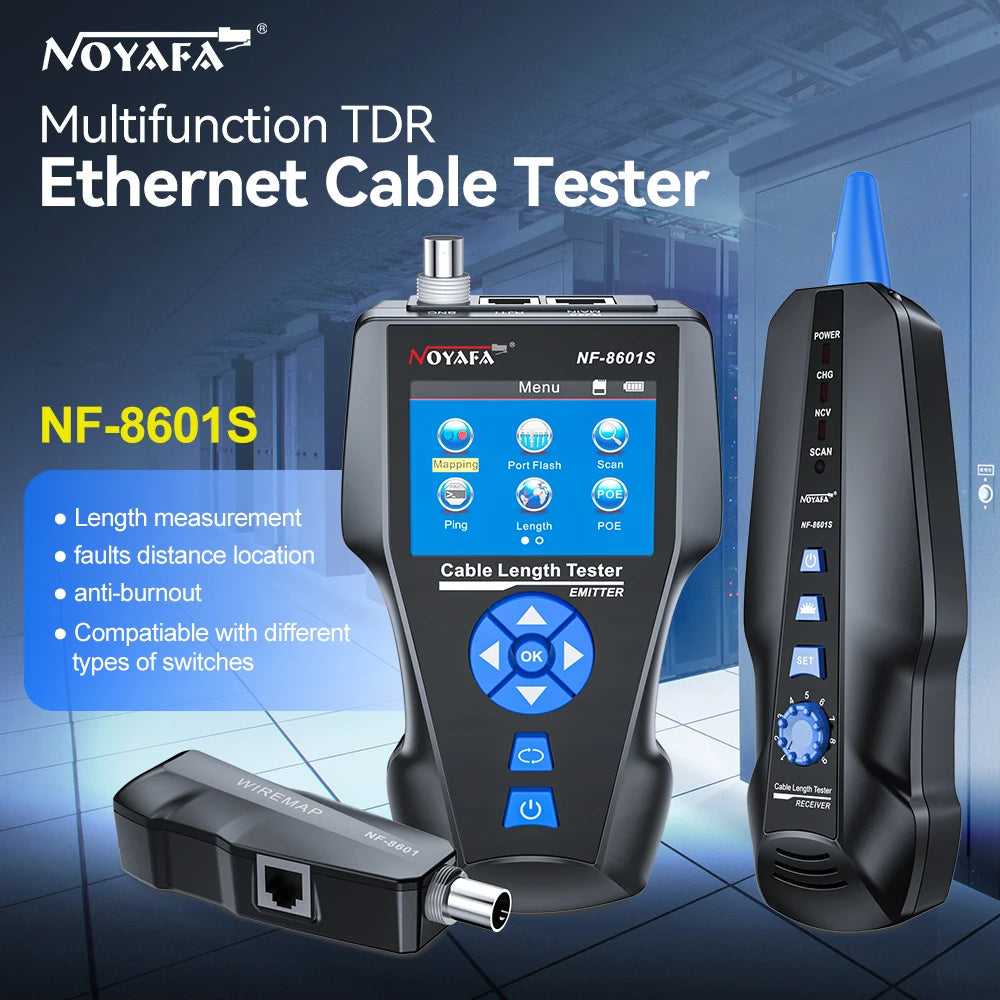 NOYAFA NF-8601S Tester per cavi di rete Localizzatore di cavi anti-interferenza PING Tester RJ45 RJ11 Misuratore di lunghezza Tester Strumenti di rete