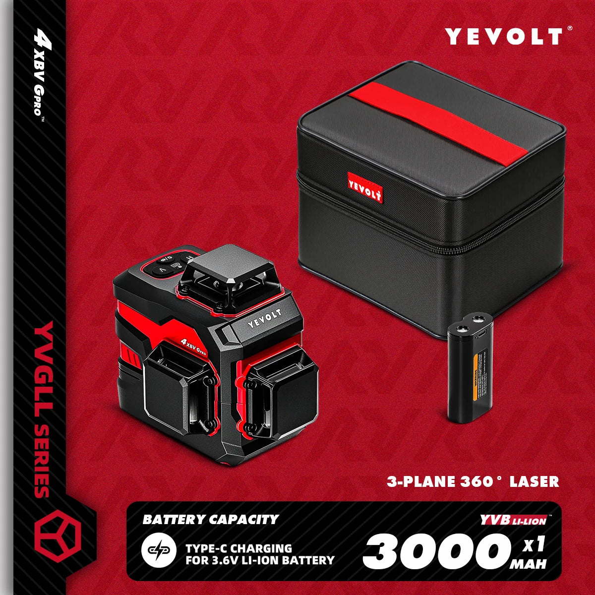 YEVOLT YVGLL4XS12 Livello laser Raggio verde a 12 linee Precisione ±0,2 mm/m, resistenza alla polvere/acqua IP54, livellamento automatico e modalità pendenza