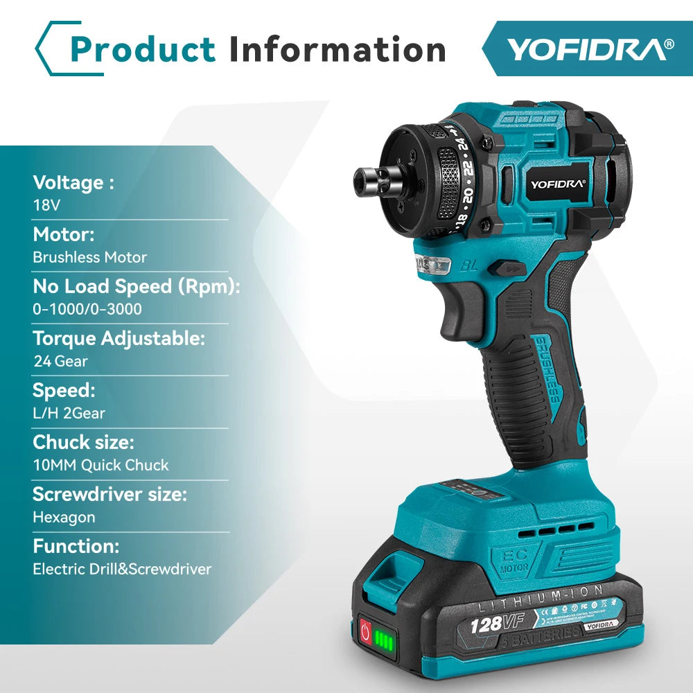 YOFIDRA 2 in1 Cacciavite elettrico senza spazzole Martello Trapano a batteria Impatto Utensile elettrico multifunzionale per Makita 18V Batteria Pin