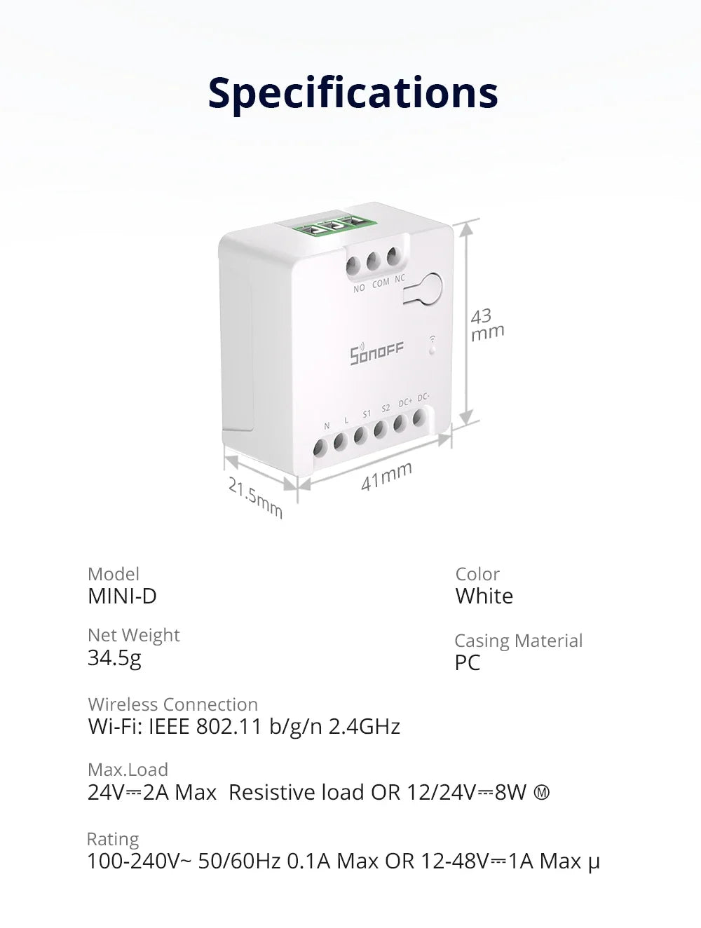 SONOFF MINI-D Wi-Fi Smart Switch Primo MINI dispositivo relè a contatto secco con importa supporta il controllo del contattore di alimentazione CA/CC