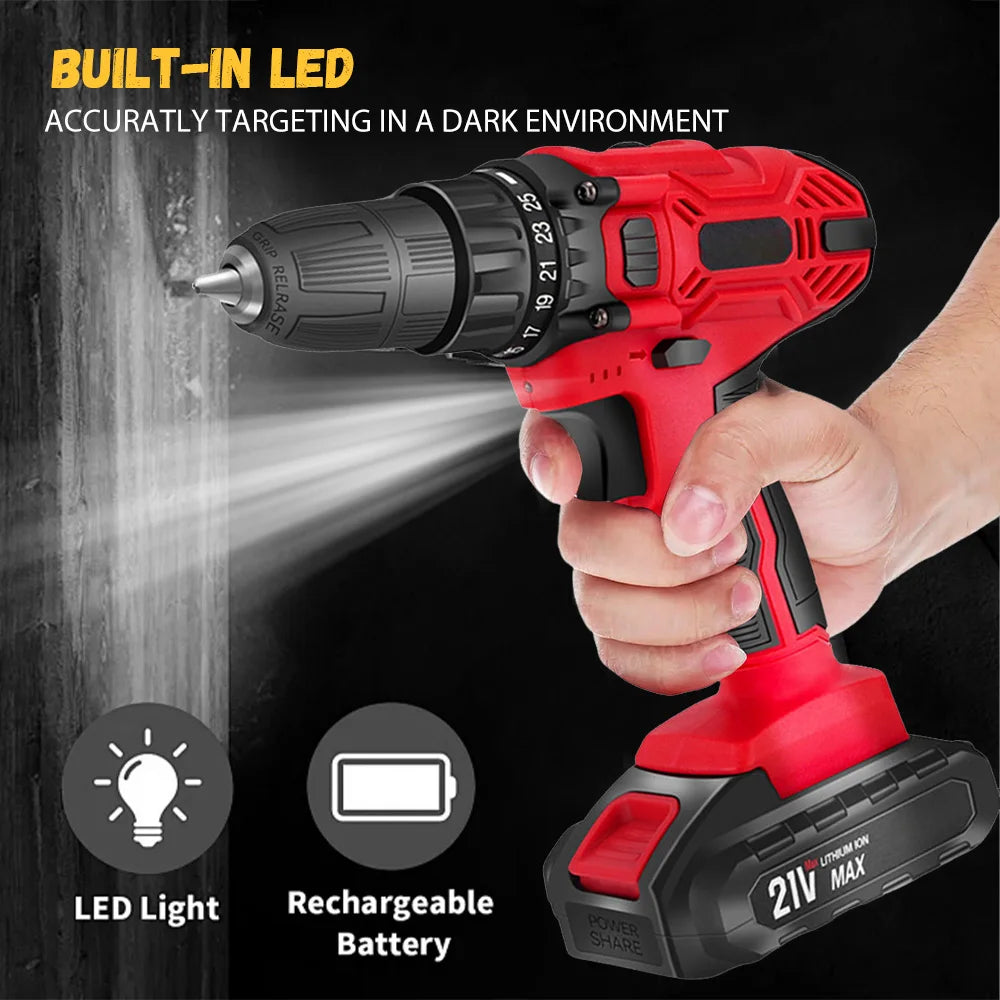 Trapano elettrico 21V 200Nm a batteria, kit trapano combinato a 2 batterie, 25+1 coppia Cacciavite elettrico con mandrino da 3/8" per legno e metallo