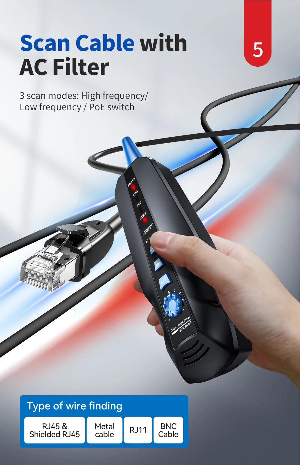 NOYAFA NF-8601S Tester per cavi di rete Localizzatore di cavi anti-interferenza PING Tester RJ45 RJ11 Misuratore di lunghezza Tester Strumenti di rete