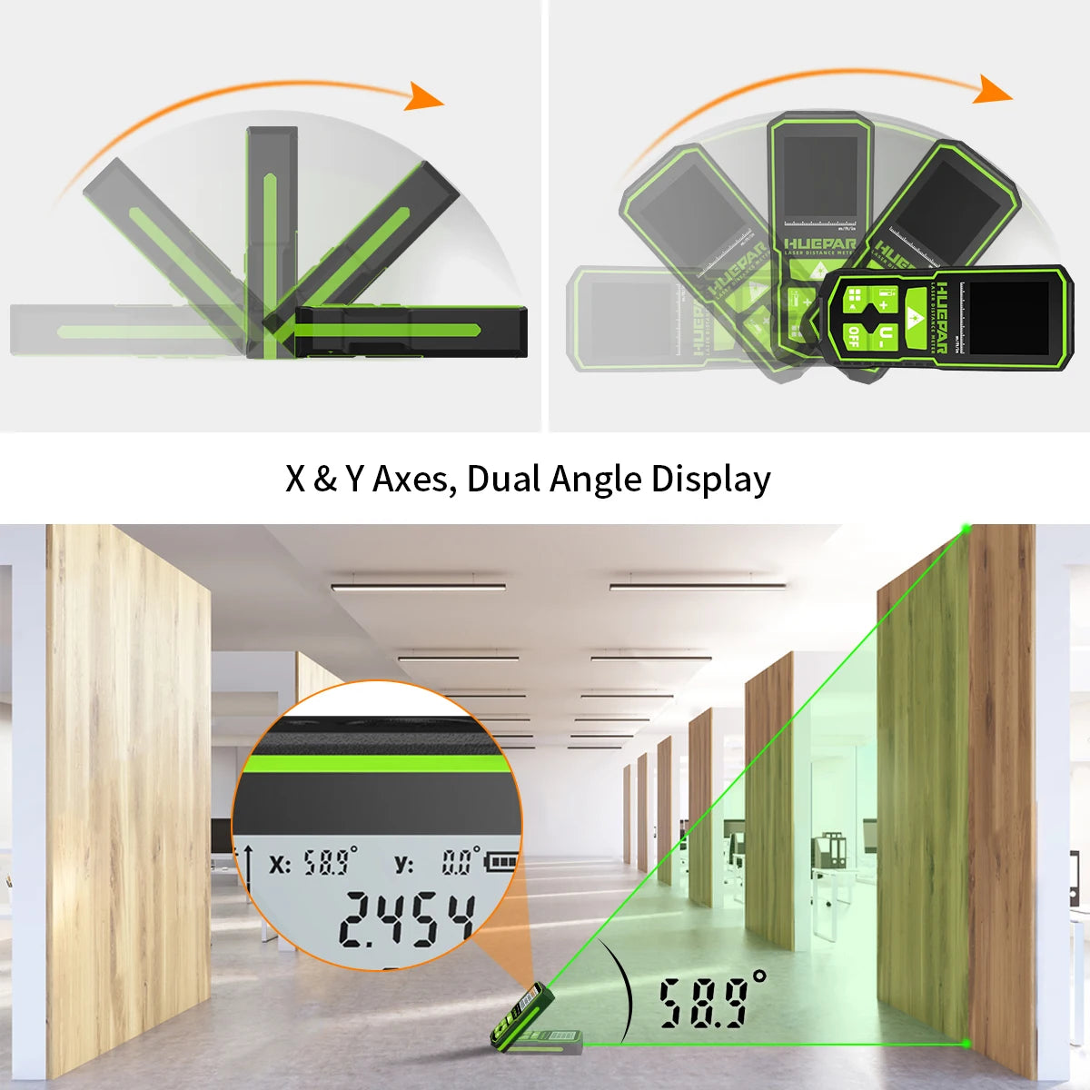 Huepar S60-G Misuratore di distanza laser verde digitale Telemetro a nastro laser da 60 M con strumenti di misurazione del sensore angolare LCD