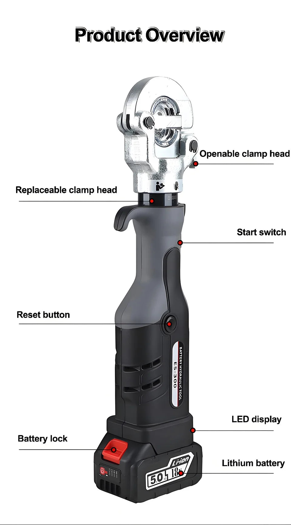 Crimpatrice idraulica elettrica ES-300 con manico dritto per terminali in rame e alluminio da 10-300 mm2 con crimpatura rapida e 360 °   Rotazione