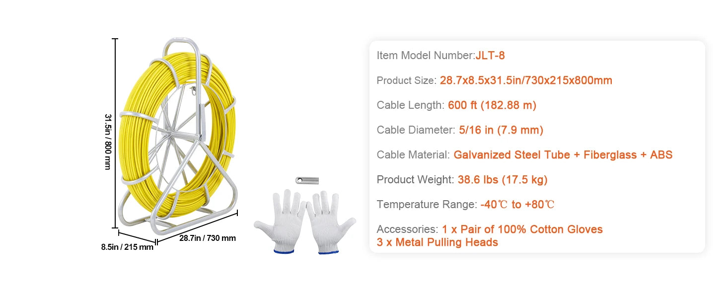 SucceBuy Nastro per pesci in fibra di vetro 425/492/600/656 piedi Condotto Rodder Fishtape Estrattore di filo Strumenti da pesca per pareti e condotti elettrici
