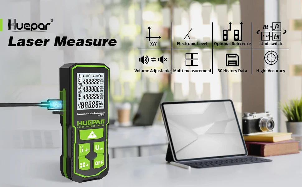 Huepar S60-G Misuratore di distanza laser verde digitale Telemetro a nastro laser da 60 M con strumenti di misurazione del sensore angolare LCD